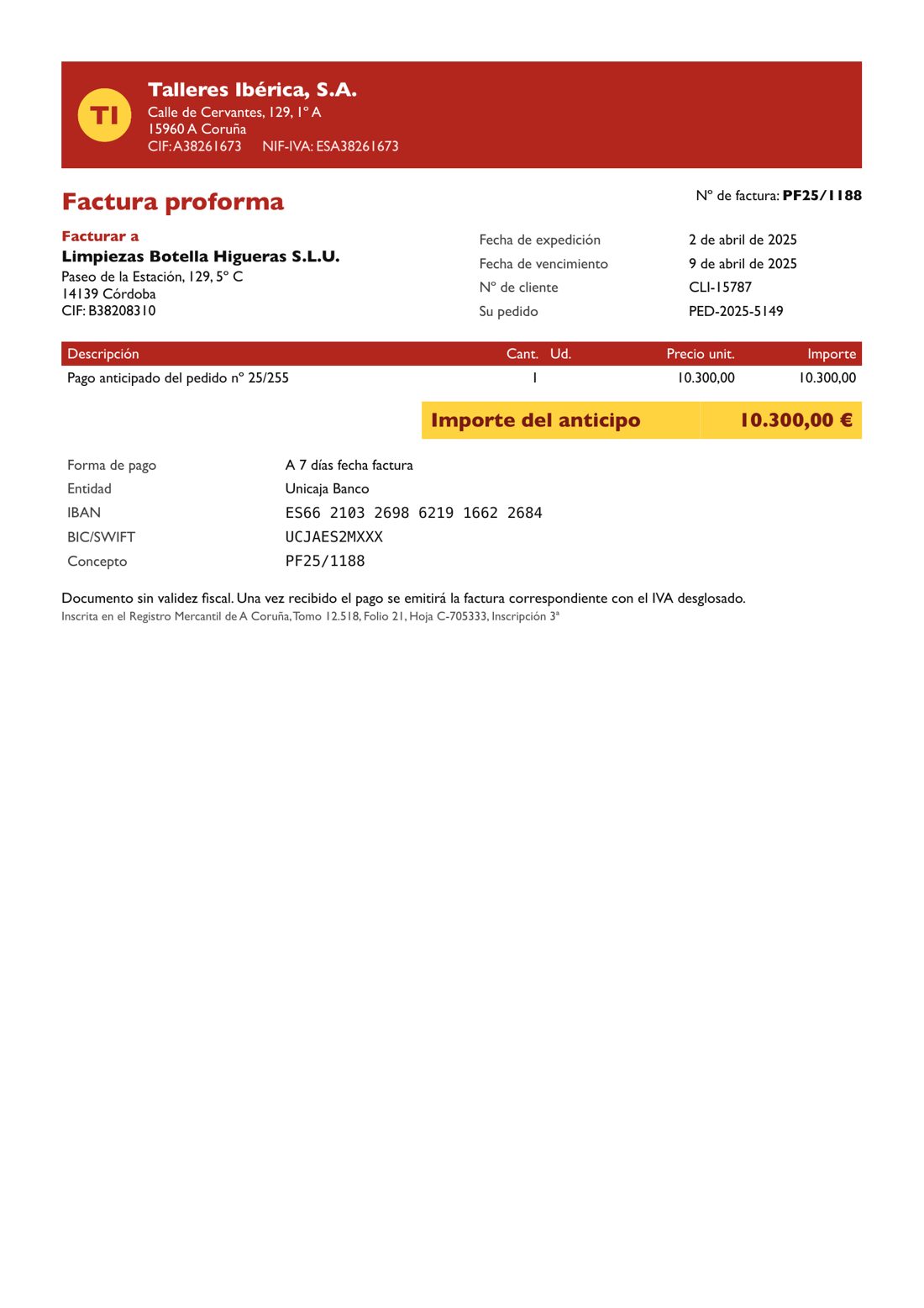 Talleres Ibérica, S.A. · PF25/1188