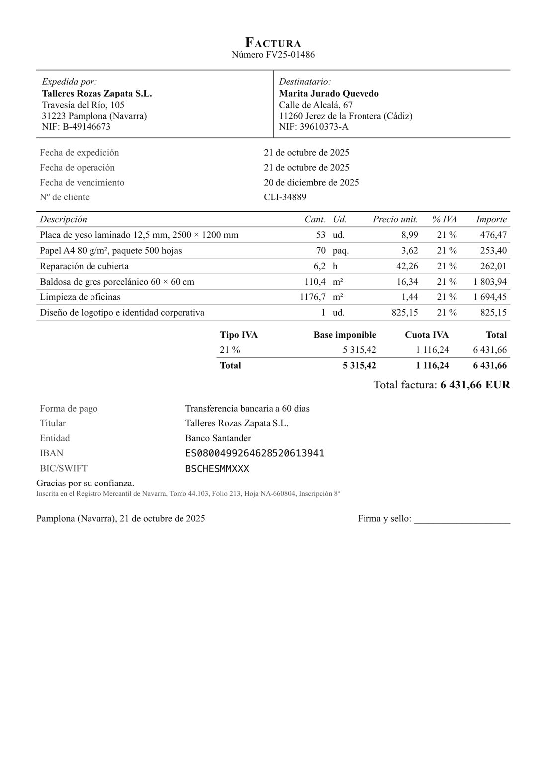 Talleres Rozas Zapata S.L. · FV25-01486